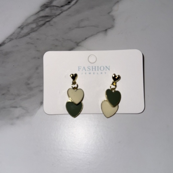 Fashion Jewelry Double Heart Earrings - Green and Cream - Picture 2 of 4